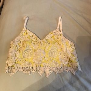 Lime Green Crop top w/ White Lace Crochet Overlay!